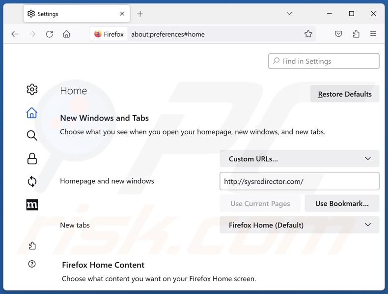 Suppression de sysredirector.com de la page d'accueil de Mozilla Firefox