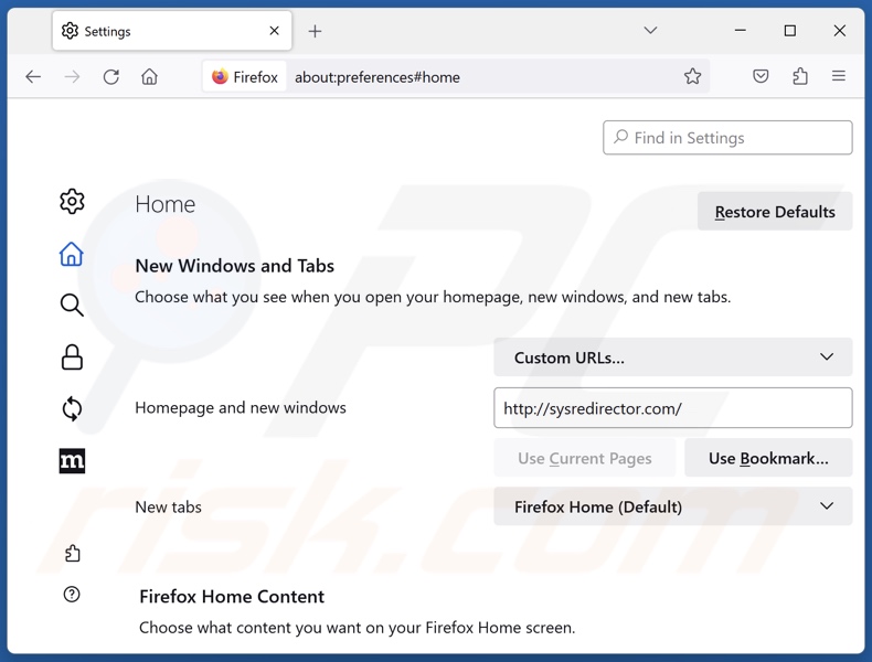 Suppression de sysredirector.com de la page d'accueil de Mozilla Firefox