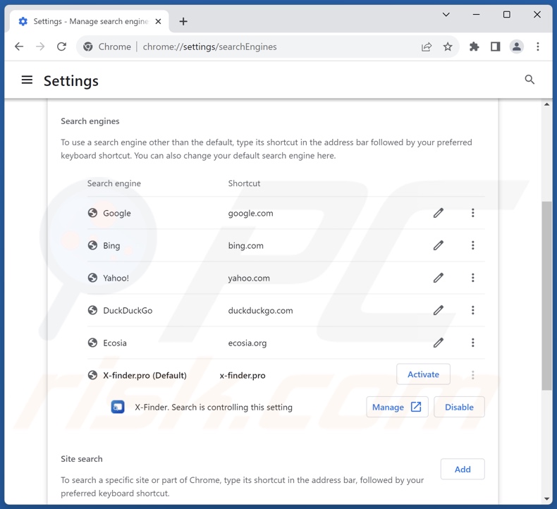 Suppression de x-finder.pro du moteur de recherche par défaut de Google Chrome