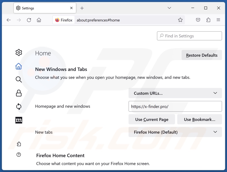 Supprimer x-finder.pro de la page d'accueil de Mozilla Firefox