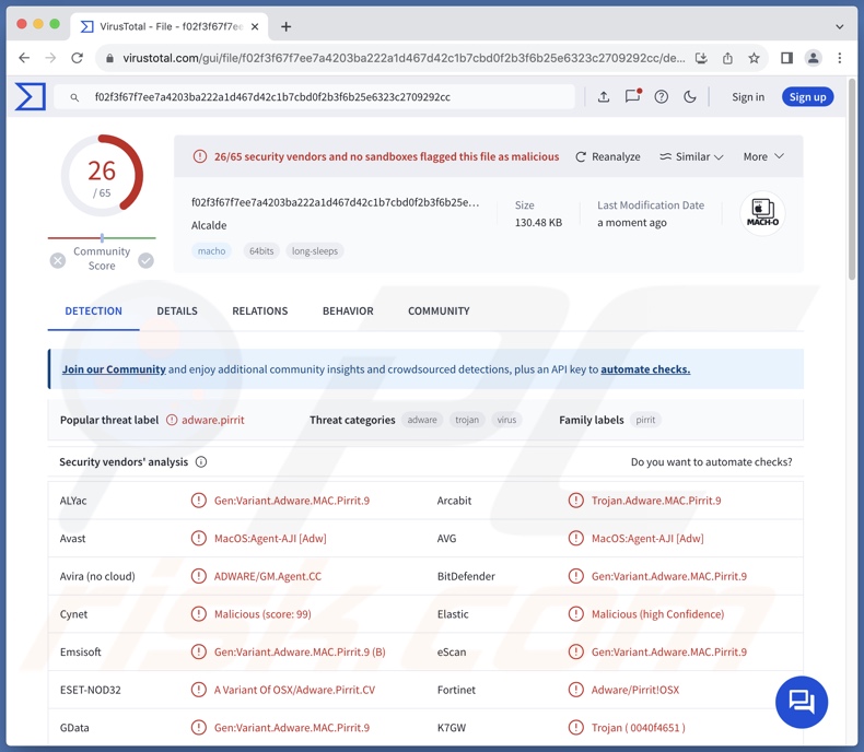 Détection de l'adware Alcalde.app sur VirusTotal