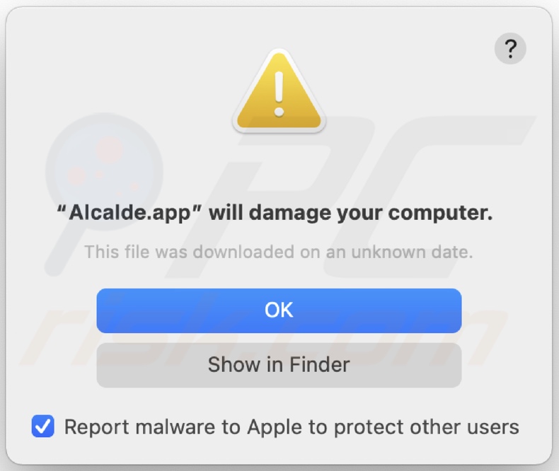 Pop-up affiché lorsque l'adware Alcalde.app est détecté sur le système