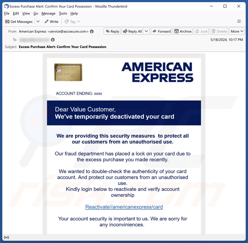 American Express Card Deactivation Campagne de spam par courrier électronique