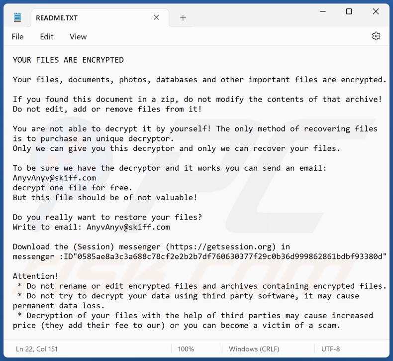 Anyv ransomware note de rançon (README.TXT)