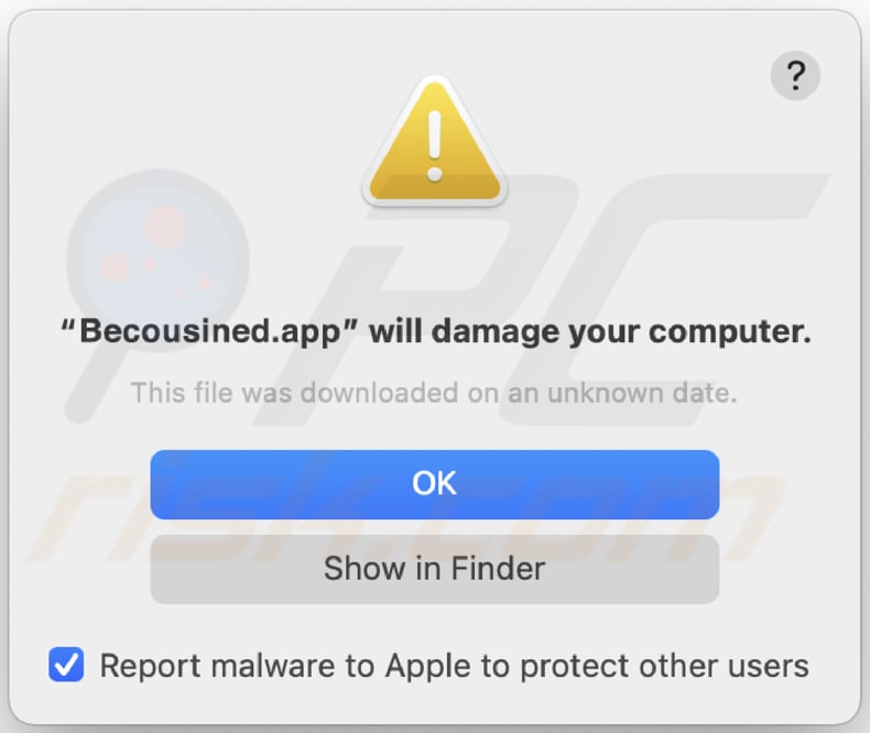 Becousined.app : avertissement avant l'installation du logiciel publicitaire