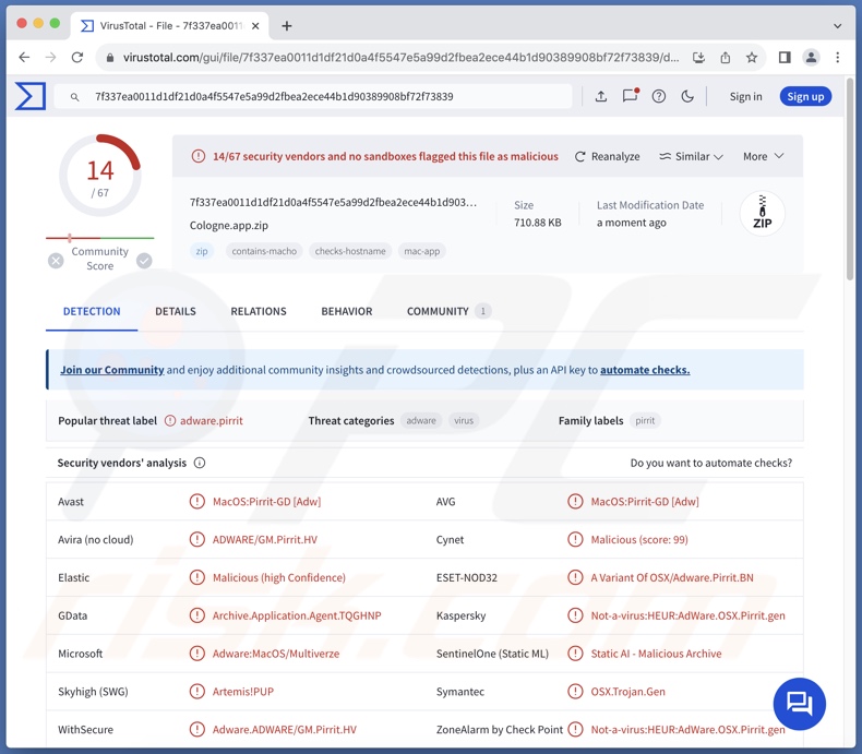 Cologne.app détections de logiciels publicitaires sur VirusTotal