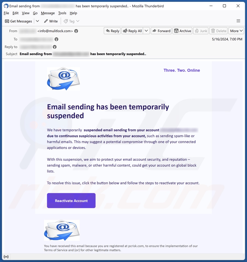 Email Sending Has Been Temporarily Suspended Campagne de spam par courrier électronique