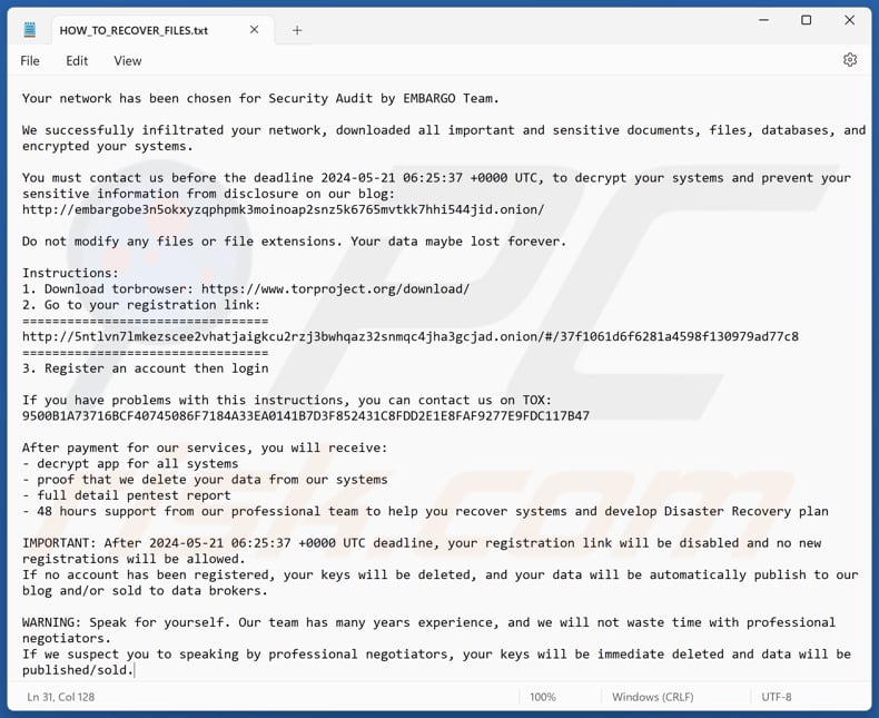 EMBARGO ransomware fichier texte (HOW_TO_RECOVER_FILES.txt)