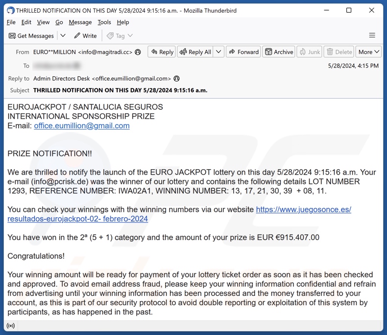EUROJACKPOT Campagne de spam par courrier électronique