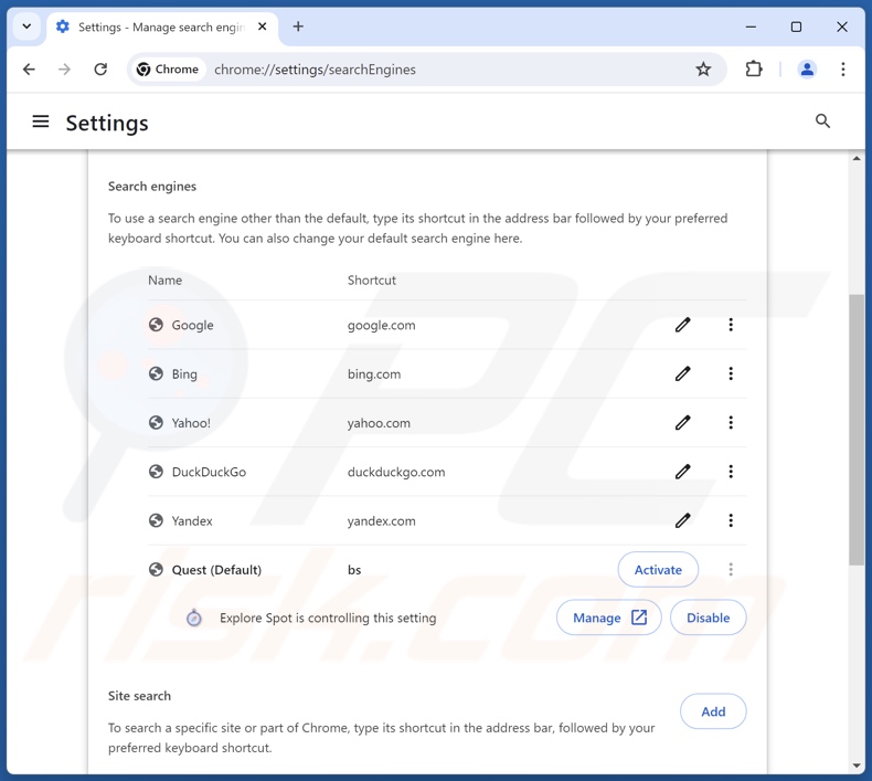 Supprimer explorespot.io du moteur de recherche par défaut de Google Chrome