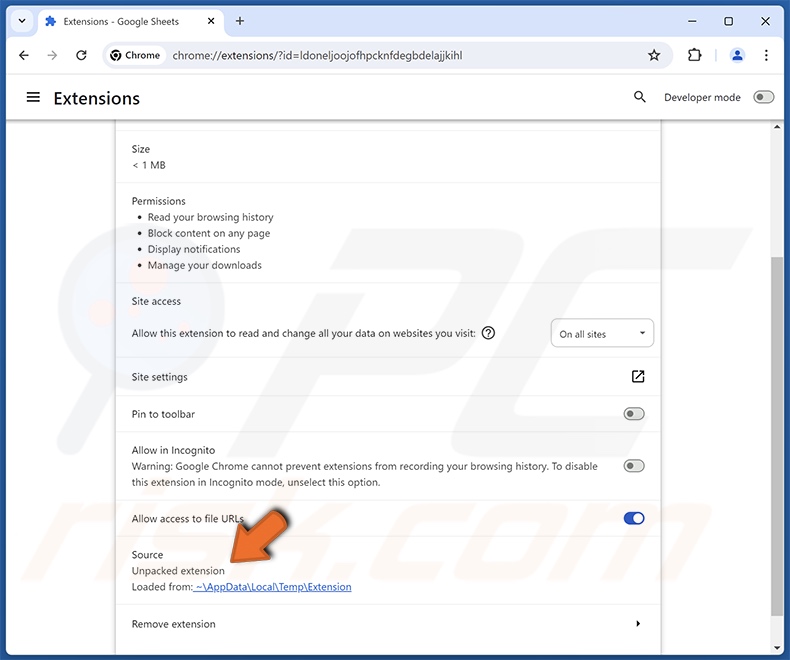 Détails de la fausse extension de navigateur Google Sheets (Chrome)