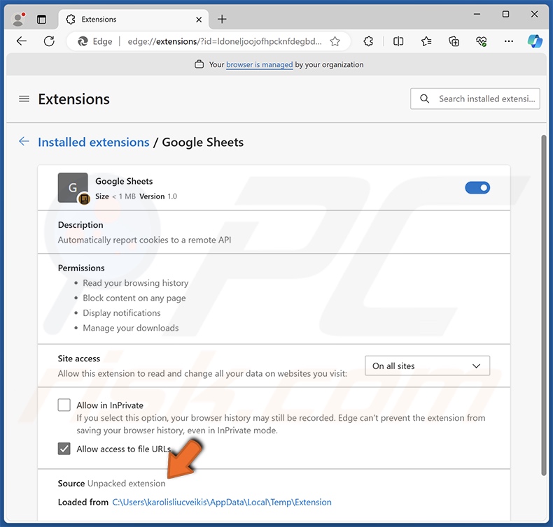 Détails de la fausse extension de navigateur Google Sheets (Edge)