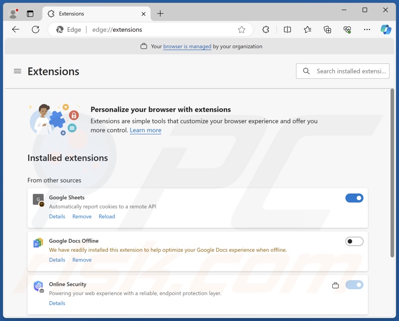 faux l'extension de navigateur Google Sheets sur Edge