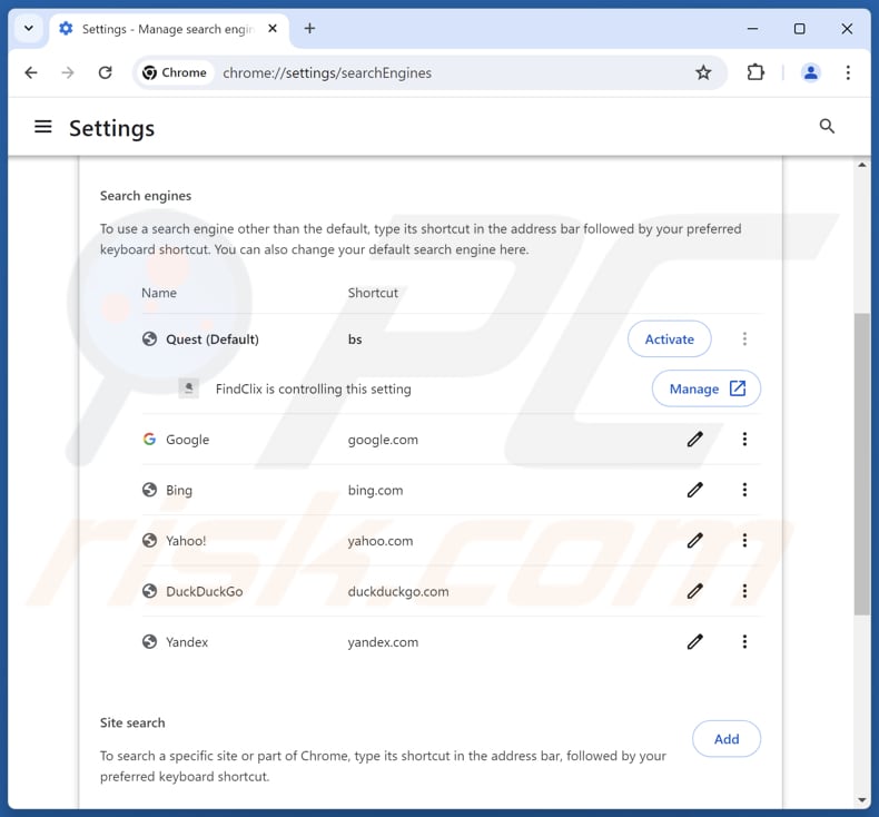 Supprimer findflarex.com du moteur de recherche par défaut de Google Chrome