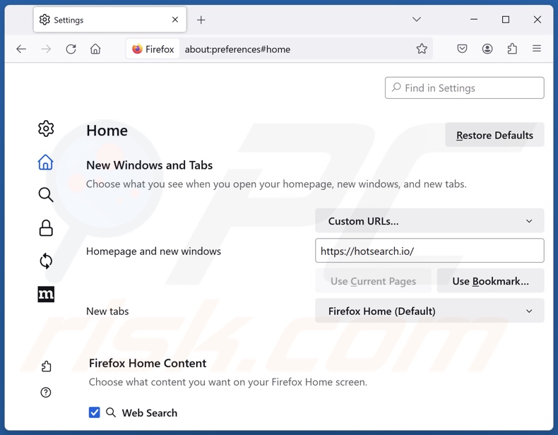 Supprimer hotsearch.io de la page d'accueil de Mozilla Firefox