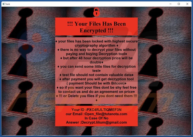Lilium ransomware note de rançon (!INFO.HTA)