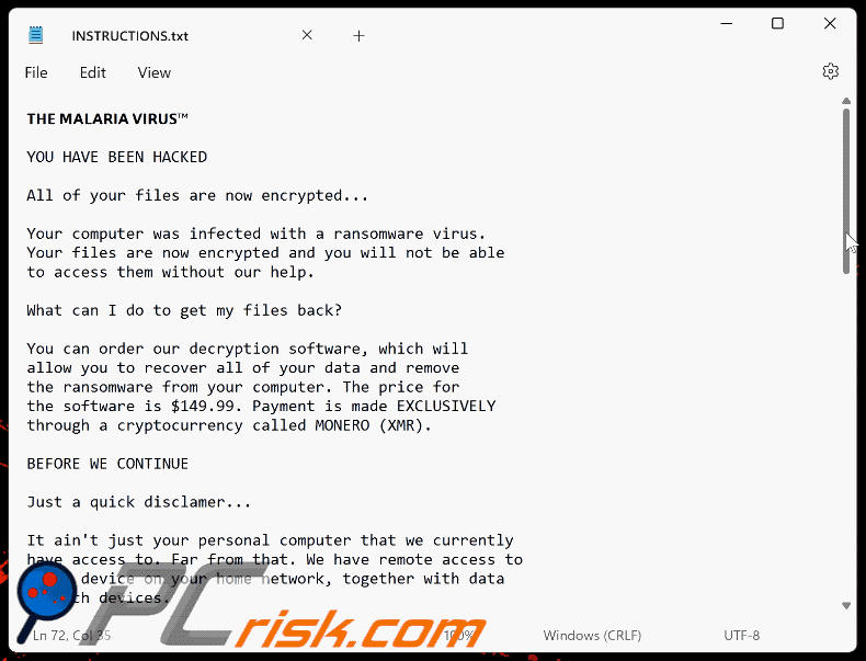 MALARIA VIRUS ransomware note de rançon (INSTRUCTIONS.txt) GIF