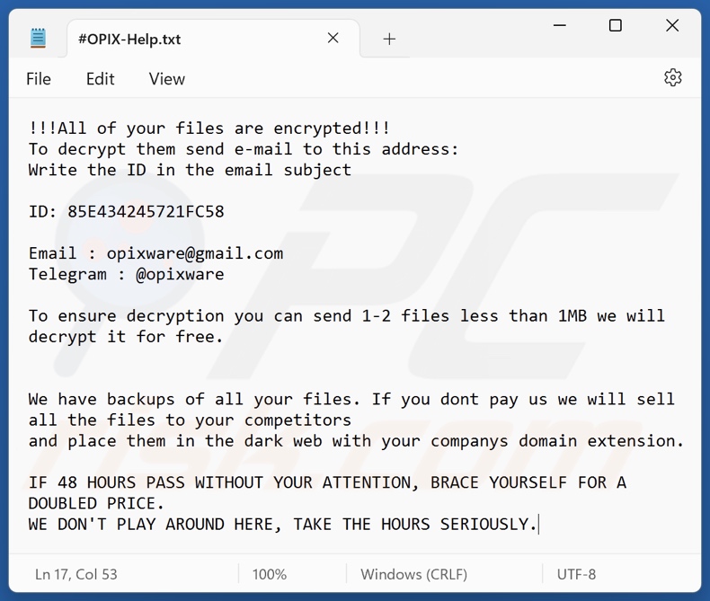 Note de rançon du ransomware OPIX (#OPIX-Help.txt)