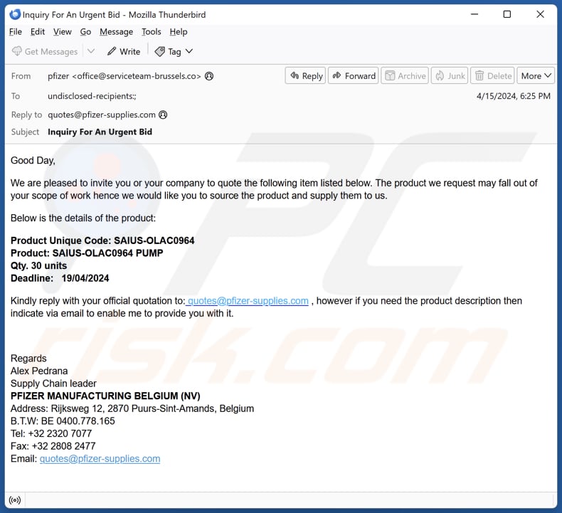 Pfizer Supply Deuxième variante de l'escroquerie par courrier électronique
