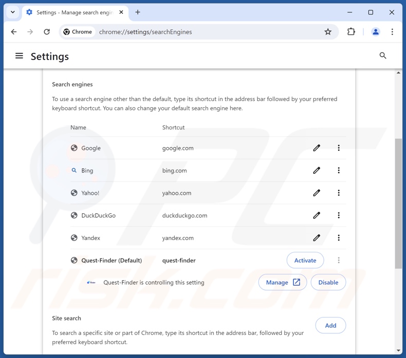 Suppression de quest-finder.com du moteur de recherche par défaut de Google Chrome