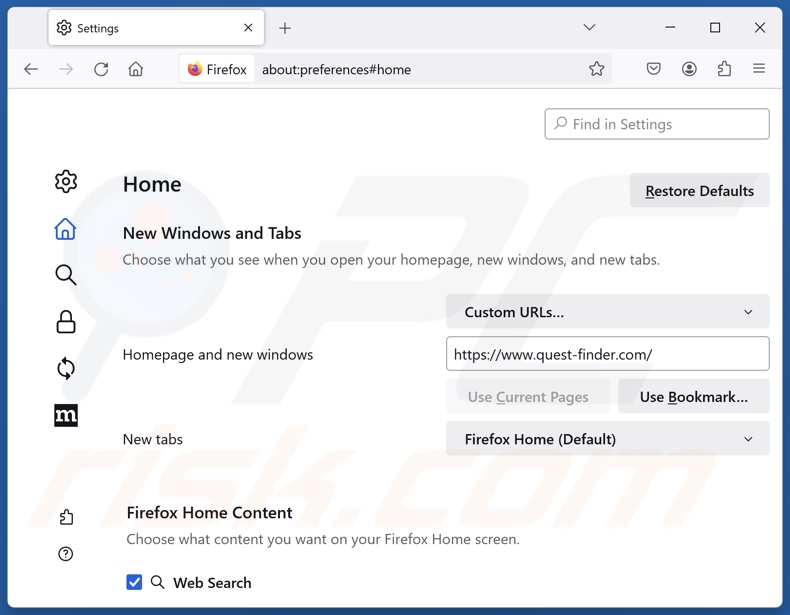 Suppression de quest-finder.com de la page d'accueil de Mozilla Firefox