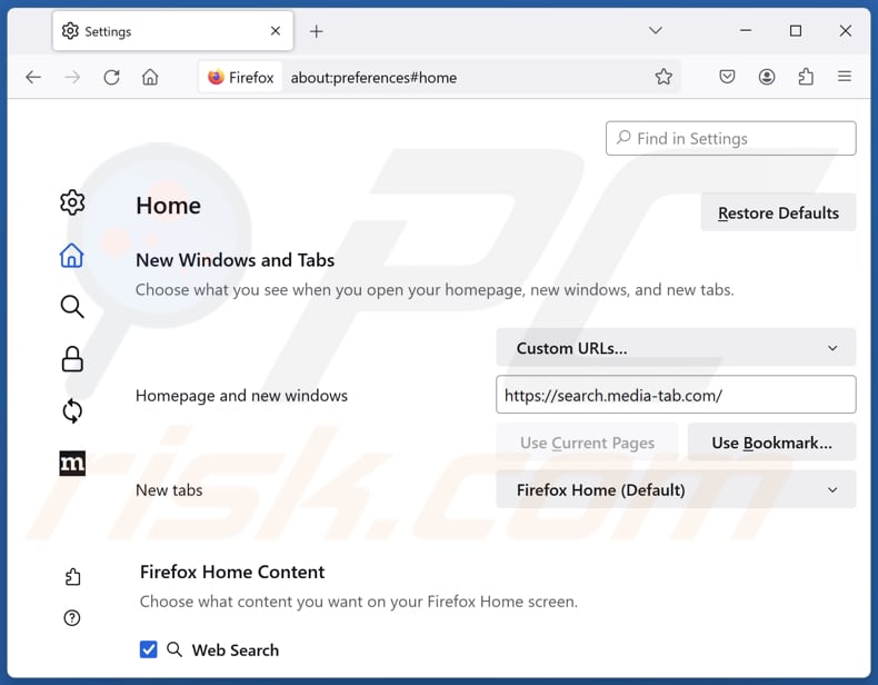 Supprimer search.media-tab.com de la page d'accueil de Mozilla Firefox