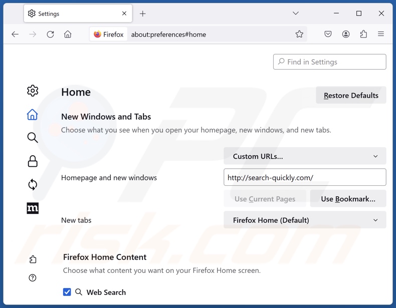 Suppression de search-quickly.com de la page d'accueil de Mozilla Firefox