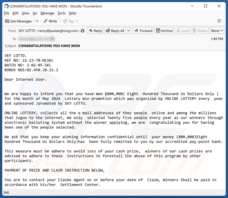 SKY LOTTO Campagne de spam par courrier électronique