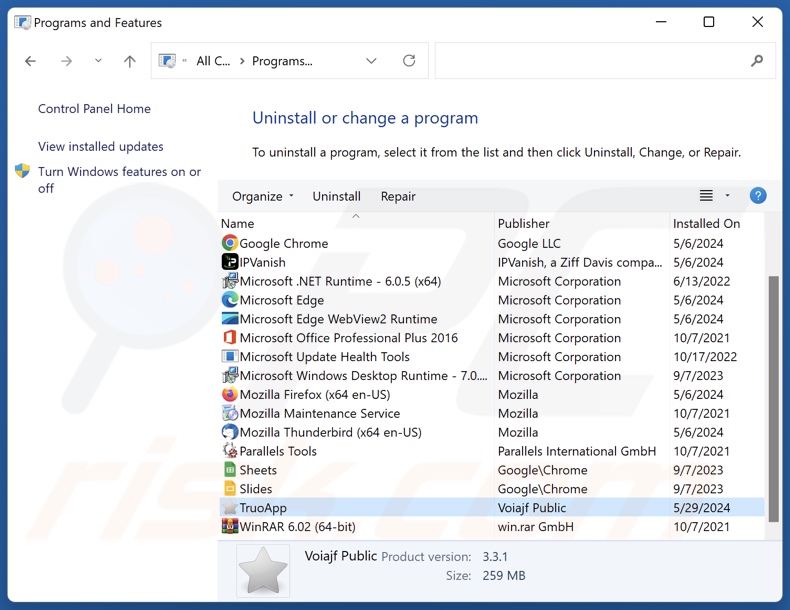 Désinstallation de TruoApp via le Panneau de configuration