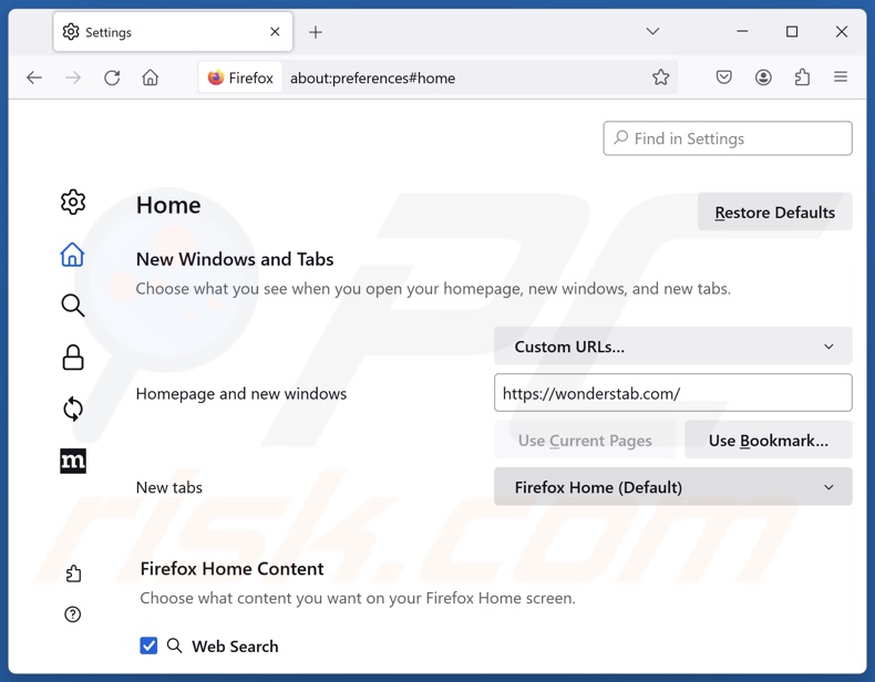 Suppression de wonderstab.com de la page d'accueil de Mozilla Firefox