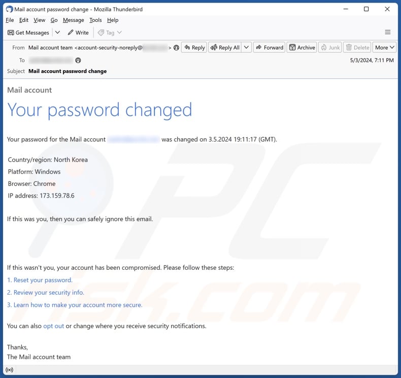 Your Password Changed Campagne de spam par courrier électronique