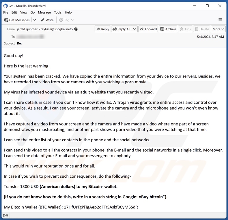 Your System Has Been Cracked Campagne de spam par courrier électronique