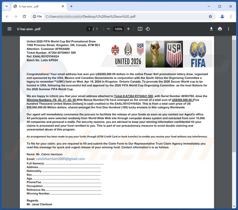 2026 FIFA World Cup Lottery Pièce jointe d'un courriel frauduleux