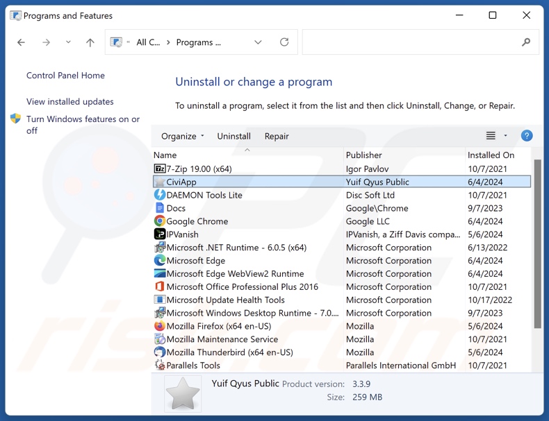 Désinstallation de CiviApp via le panneau de configuration