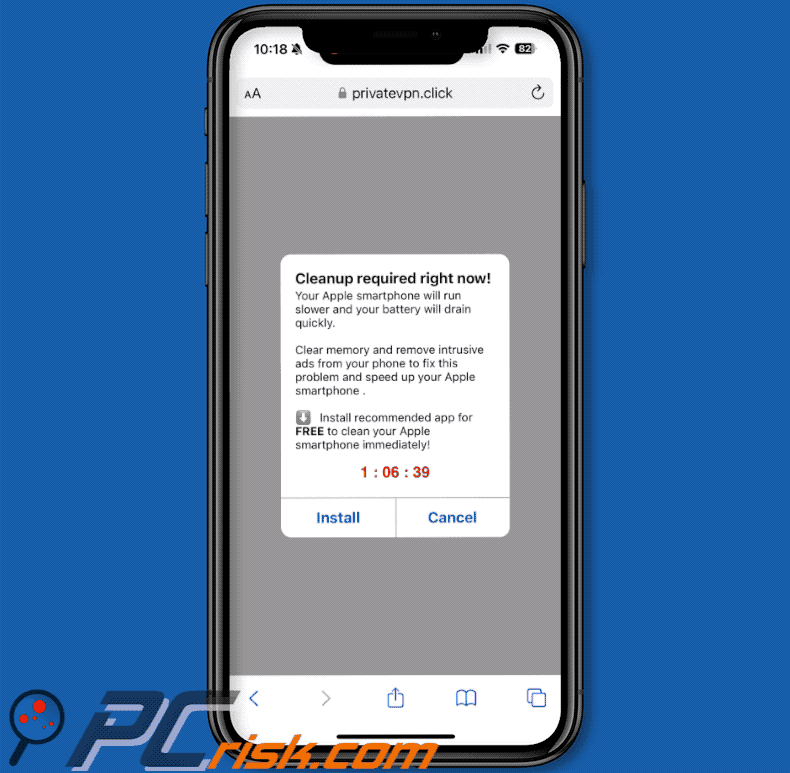 Cleanup Required Right Now! Variante iPhone de l'escroquerie par pop-up (GIF)