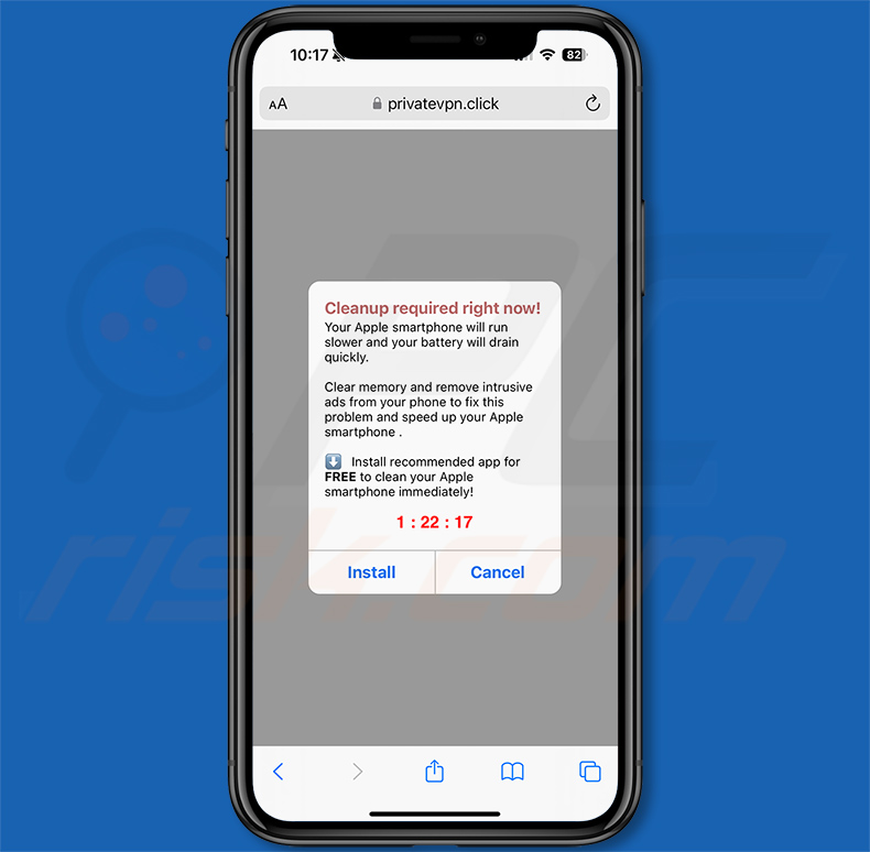 Cleanup Required Right Now! Variante iPhone de l'escroquerie par pop-up