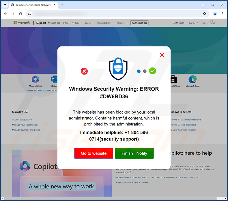 Une variante du pop-up ERROR #DW6BD36 (2024-06-11)