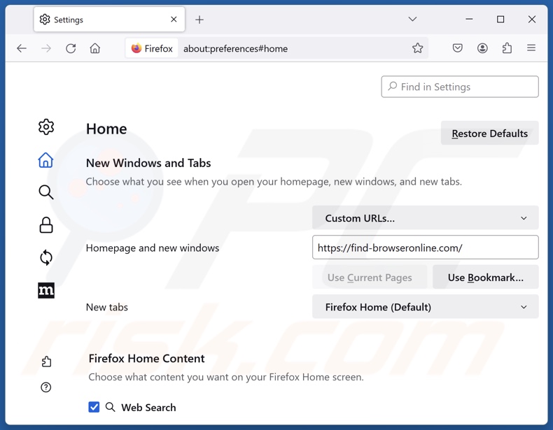 Supprimer find-browseronline.com de la page d'accueil de Mozilla Firefox