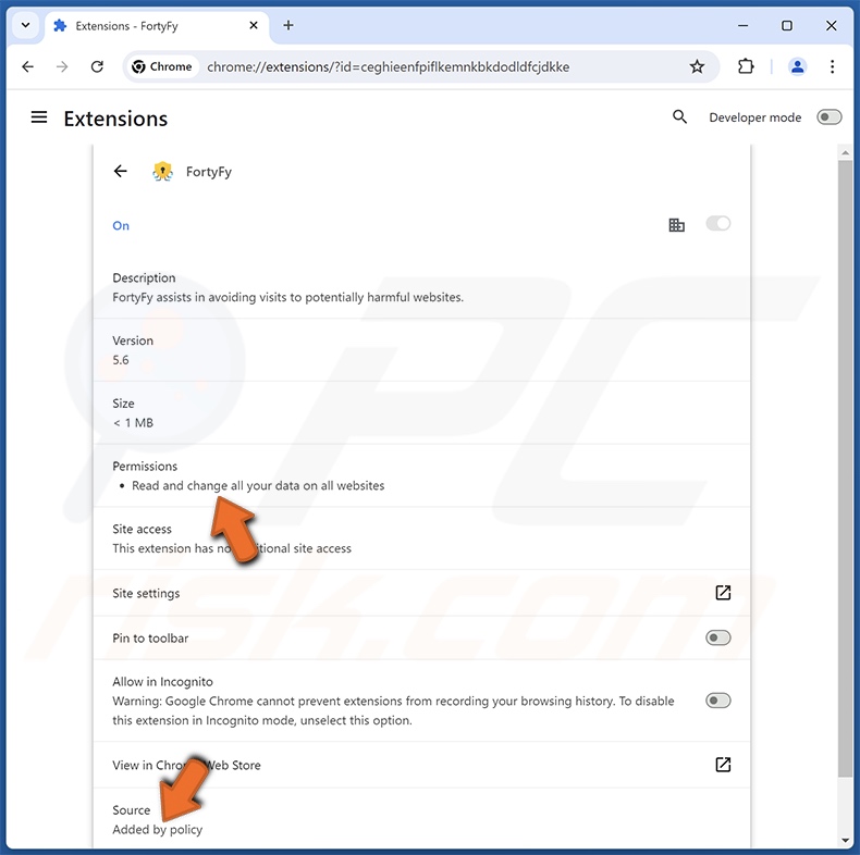 Détails de l'extension de navigateur FortyFy