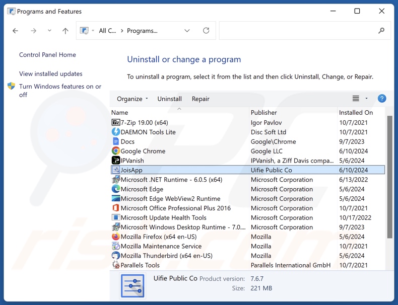 Désinstallation de JoisApp via le Panneau de configuration