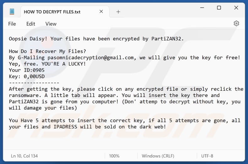 PartiZAN32 ransomware fichier texte (HOW TO DECRYPT FILES.txt)