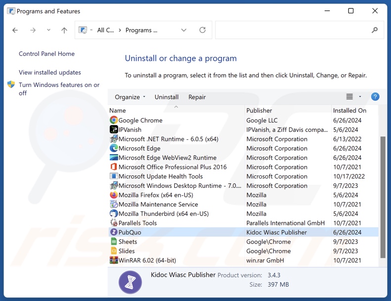 Désinstallation de PubQuo via le panneau de configuration