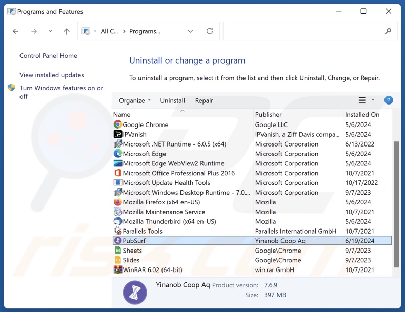 Désinstallation de PubSurf via le panneau de configuration