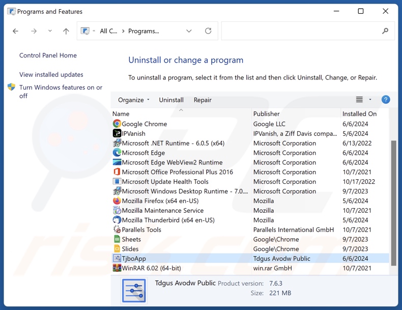 Désinstallation de TjboApp via le Panneau de configuration
