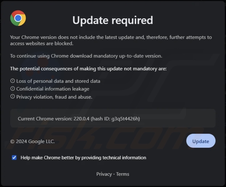 Your Chrome Version Does Not Include The Latest Update pop-up escroquerie