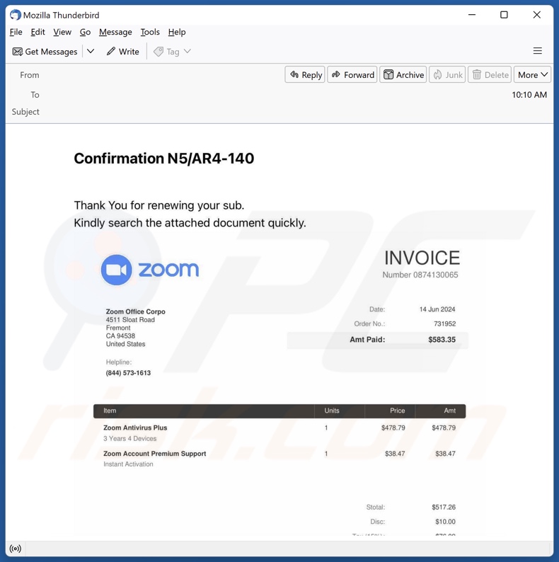 Zoom Antivirus Plus Subscription Campagne de spam par courrier électronique