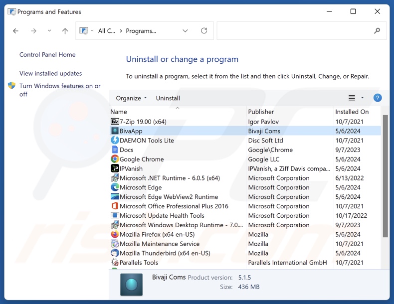 Désinstallation de BivaApp via le Panneau de configuration