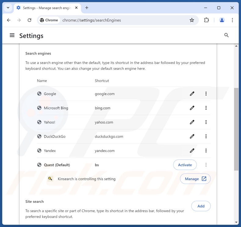 Supprimer findflarex.com du moteur de recherche par défaut de Google Chrome
