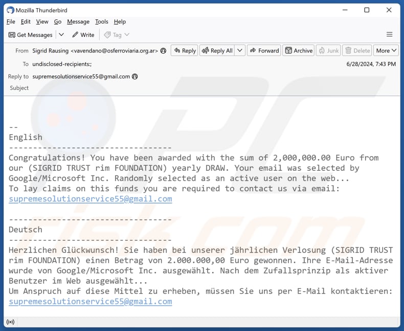 Sigrid Trust Rim Foundation Campagne de spam par courrier électronique