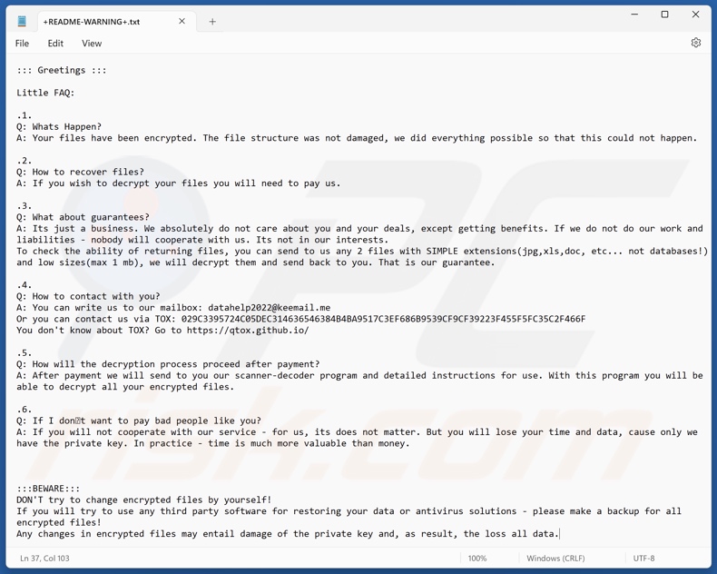 Ursq ransomware note de rançon (+README-WARNING+.txt)